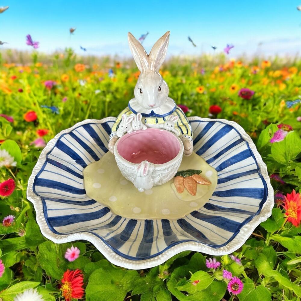 Vintage Fitz & Floyd Kitchen Cousins Chip & Dip Bowl 1993 Bunny Rabbit HTF